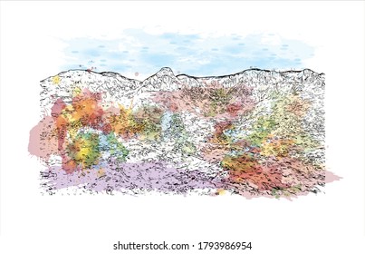 Building view with landmark of Albuquerque, New Mexico’s largest city, sits in the high desert. Watercolor splash with hand drawn sketch illustration in vector.