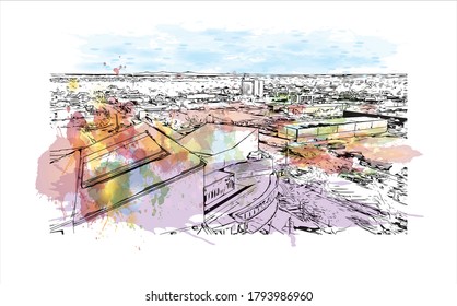 Building view with landmark of Albuquerque, New Mexico’s largest city, sits in the high desert. Watercolor splash with hand drawn sketch illustration in vector.