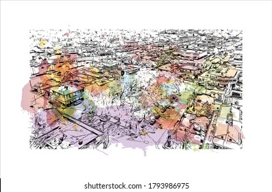 Building view with landmark of Albuquerque, New Mexico’s largest city, sits in the high desert. Watercolor splash with hand drawn sketch illustration in vector.