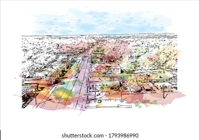 Building view with landmark of Albuquerque, New Mexico’s largest city, sits in the high desert. Watercolor splash with hand drawn sketch illustration in vector.