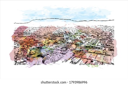 Building view with landmark of Albuquerque, New Mexico’s largest city, sits in the high desert. Watercolor splash with hand drawn sketch illustration in vector.