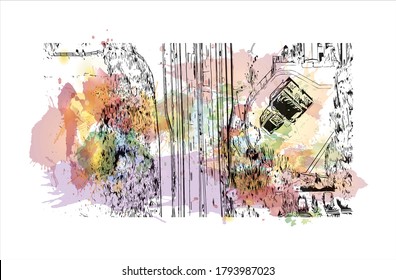 Building view with landmark of Albuquerque, New Mexico’s largest city, sits in the high desert. Watercolor splash with hand drawn sketch illustration in vector.