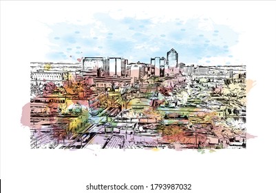 Building view with landmark of Albuquerque, New Mexico’s largest city, sits in the high desert. Watercolor splash with hand drawn sketch illustration in vector.