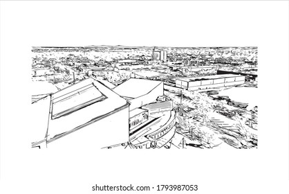 Building view with landmark of Albuquerque, New Mexico’s largest city, sits in the high desert. Hand drawn sketch illustration in vector.