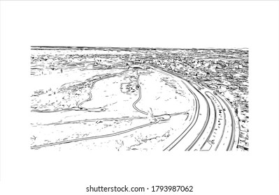 Building view with landmark of Albuquerque, New Mexico’s largest city, sits in the high desert. Hand drawn sketch illustration in vector.
