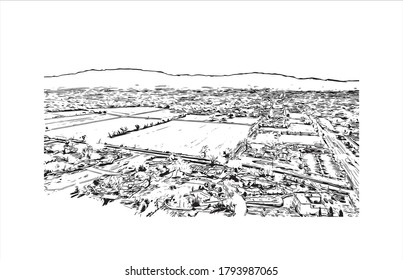 Building view with landmark of Albuquerque, New Mexico’s largest city, sits in the high desert. Hand drawn sketch illustration in vector.
