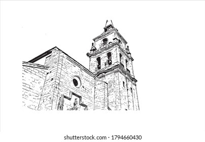 Building view with landmark of Alcala de Henares is a city in central Spain, northeast of Madrid. Hand drawn sketch illustration in vector.