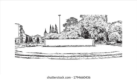Vista de Edificio con monumento de Alcalá de Henares es una ciudad en el centro de España, noreste de Madrid. Dibujo a mano de ilustración de esbozo en vector.