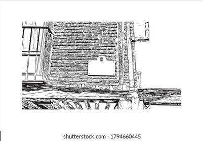 Building view with landmark of Alcala de Henares is a city in central Spain, northeast of Madrid. Hand drawn sketch illustration in vector.