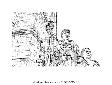 Die Stadt Alcala de Henares liegt im Zentrum Spaniens, nordöstlich von Madrid. Handgezeichnete Skizzengrafik in Vektorgrafik.