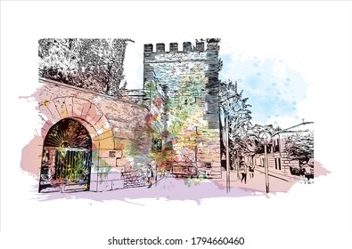 Building view with landmark of Alcala de Henares is a city in central Spain, northeast of Madrid. Watercolor splash with hand drawn sketch illustration in vector.