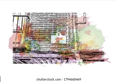 Building view with landmark of Alcala de Henares is a city in central Spain, northeast of Madrid. Watercolor splash with hand drawn sketch illustration in vector.
