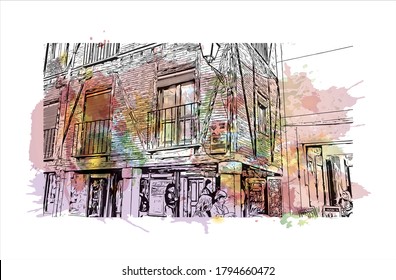 Building view with landmark of Alcala de Henares is a city in central Spain, northeast of Madrid. Watercolor splash with hand drawn sketch illustration in vector.