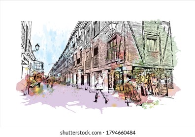 Building view with landmark of Alcala de Henares is a city in central Spain, northeast of Madrid. Watercolor splash with hand drawn sketch illustration in vector.