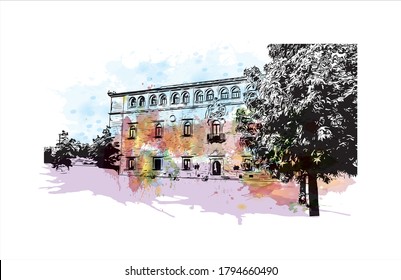 Building view with landmark of Alcala de Henares is a city in central Spain, northeast of Madrid. Watercolor splash with hand drawn sketch illustration in vector.