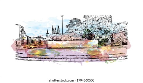 Building view with landmark of Alcala de Henares is a city in central Spain, northeast of Madrid. Watercolor splash with hand drawn sketch illustration in vector.