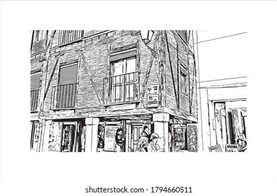 Building view with landmark of Alcala de Henares is a city in central Spain, northeast of Madrid. Hand drawn sketch illustration in vector.