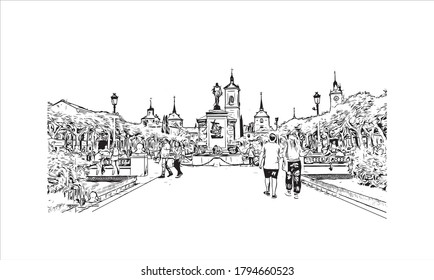 Building view with landmark of Alcala de Henares is a city in central Spain, northeast of Madrid. Hand drawn sketch illustration in vector.