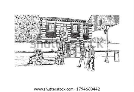 Building view with landmark of Alcala de Henares is a city in central Spain, northeast of Madrid. Hand drawn sketch illustration in vector.