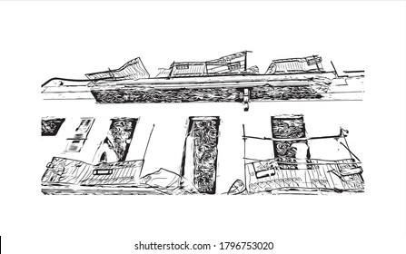 Building view with landmark of Aleppo was the largest Syrian city before the Syrian Civil War. Hand drawn sketch illustration in vector.