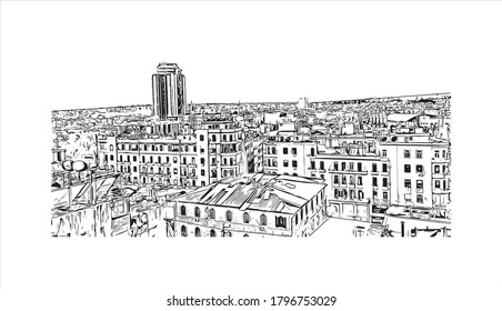 Building view with landmark of Aleppo was the largest Syrian city before the Syrian Civil War. Hand drawn sketch illustration in vector.