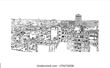 Construir una vista con un punto de referencia de Alepo fue la ciudad siria más grande antes de la Guerra Civil Siria. Dibujo a mano de ilustración de esbozo en vector.