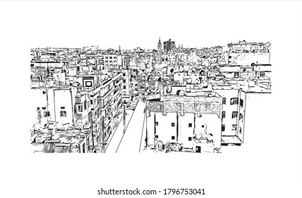 Building view with landmark of Aleppo was the largest Syrian city before the Syrian Civil War. Hand drawn sketch illustration in vector.