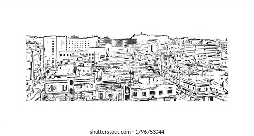 Building view with landmark of Aleppo was the largest Syrian city before the Syrian Civil War. Hand drawn sketch illustration in vector.