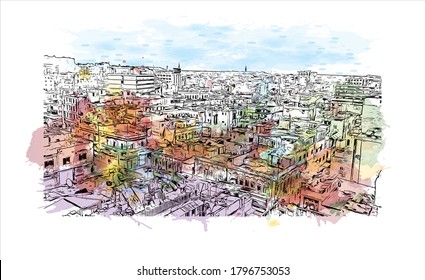 Building view with landmark of Aleppo was the largest Syrian city before the Syrian Civil War. Watercolor splash with hand drawn sketch illustration in vector.