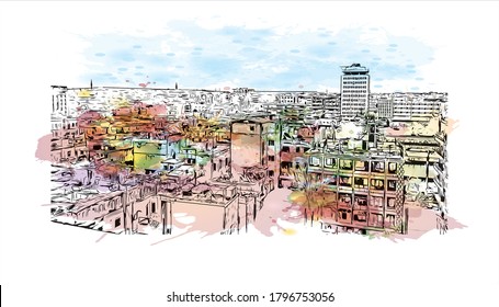 Building view with landmark of Aleppo was the largest Syrian city before the Syrian Civil War. Watercolor splash with hand drawn sketch illustration in vector.