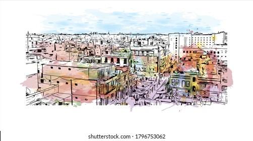 Building view with landmark of Aleppo was the largest Syrian city before the Syrian Civil War. Watercolor splash with hand drawn sketch illustration in vector.