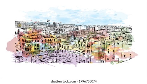 Die Bausicht mit Wahrzeichen Aleppos war die größte syrische Stadt vor dem syrischen Bürgerkrieg. Aquarellspritzer mit handgezeichneter Skizzengrafik in Vektorgrafik.