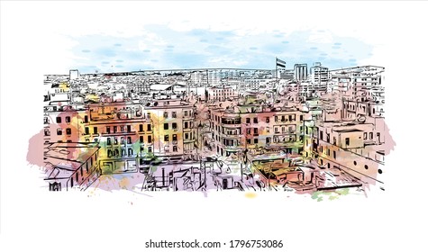 Building view with landmark of Aleppo was the largest Syrian city before the Syrian Civil War. Watercolor splash with hand drawn sketch illustration in vector.