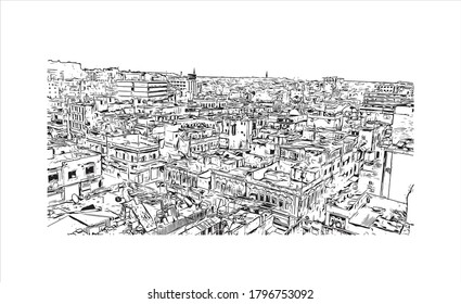 Building view with landmark of Aleppo was the largest Syrian city before the Syrian Civil War. Hand drawn sketch illustration in vector.
