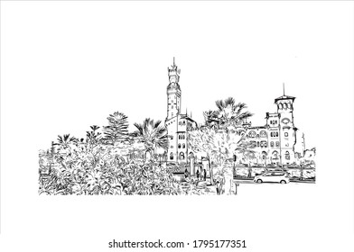 Building view with landmark of Alexandria is a Mediterranean port city in Egypt. Hand drawn sketch illustration in vector.