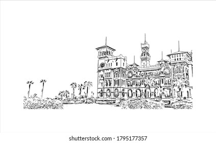 Building view with landmark of Alexandria is a Mediterranean port city in Egypt. Hand drawn sketch illustration in vector.