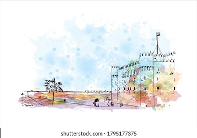 Building view with landmark of Alexandria is a Mediterranean port city in Egypt. Watercolor splash with hand drawn sketch illustration in vector.