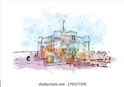 Building view with landmark of Alexandria is a Mediterranean port city in Egypt. Watercolor splash with hand drawn sketch illustration in vector.