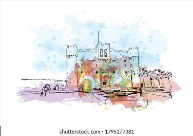 Building view with landmark of Alexandria is a Mediterranean port city in Egypt. Watercolor splash with hand drawn sketch illustration in vector.
