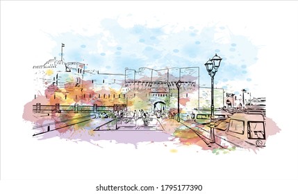 Building view with landmark of Alexandria is a Mediterranean port city in Egypt. Watercolor splash with hand drawn sketch illustration in vector.