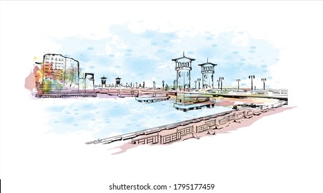 Building view with landmark of Alexandria is a Mediterranean port city in Egypt. Watercolor splash with hand drawn sketch illustration in vector.