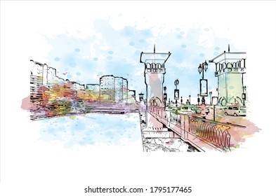 Building view with landmark of Alexandria is a Mediterranean port city in Egypt. Watercolor splash with hand drawn sketch illustration in vector.
