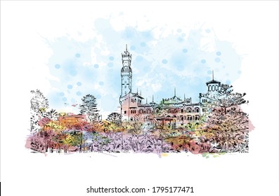 Building view with landmark of Alexandria is a Mediterranean port city in Egypt. Watercolor splash with hand drawn sketch illustration in vector.