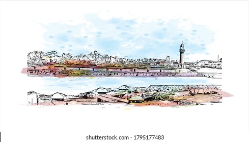 Building view with landmark of Alexandria is a Mediterranean port city in Egypt. Watercolor splash with hand drawn sketch illustration in vector.