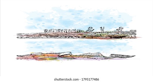 Building view with landmark of Alexandria is a Mediterranean port city in Egypt. Watercolor splash with hand drawn sketch illustration in vector.