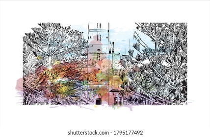 Building view with landmark of Alexandria is a Mediterranean port city in Egypt. Watercolor splash with hand drawn sketch illustration in vector.