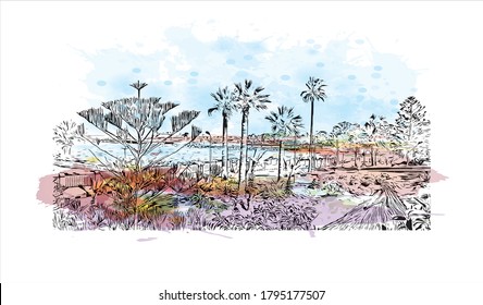 Building view with landmark of Alexandria is a Mediterranean port city in Egypt. Watercolor splash with hand drawn sketch illustration in vector.