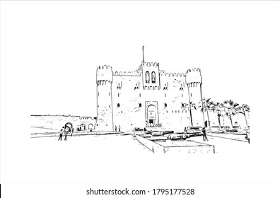 Building view with landmark of Alexandria is a Mediterranean port city in Egypt. Hand drawn sketch illustration in vector.