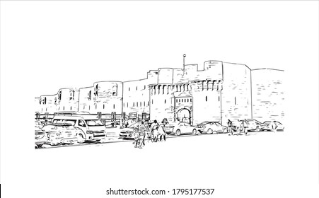 Building view with landmark of Alexandria is a Mediterranean port city in Egypt. Hand drawn sketch illustration in vector.