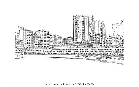 Building view with landmark of Alexandria is a Mediterranean port city in Egypt. Hand drawn sketch illustration in vector.